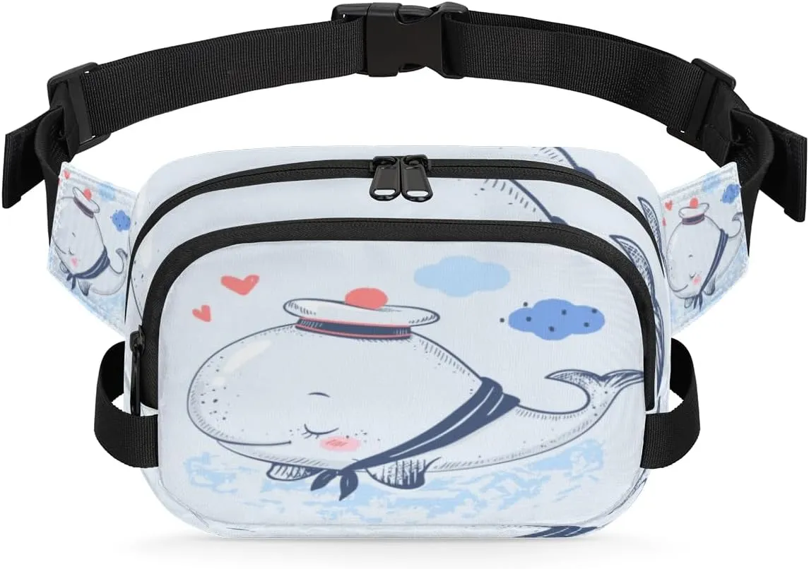 Cute Whale Sailor Cartoon Fanny Packs for Women Men Fashion Waist Packs Belt Bag Water-resistant Crossbody Bag Waist Pouch Waist Pack Hip Bum Bag for Hiking Casual Travel Cycling