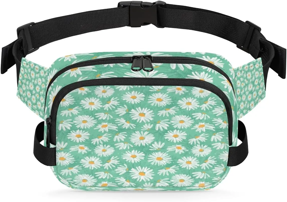 Daisy Aqua White Fanny Packs for Women Men Fashion Waist Packs Belt Bag Water-resistant Crossbody Bag Daisy Waist Pouch Waist Pack Hip Bum Bag for Hiking Casual Travel Cycling