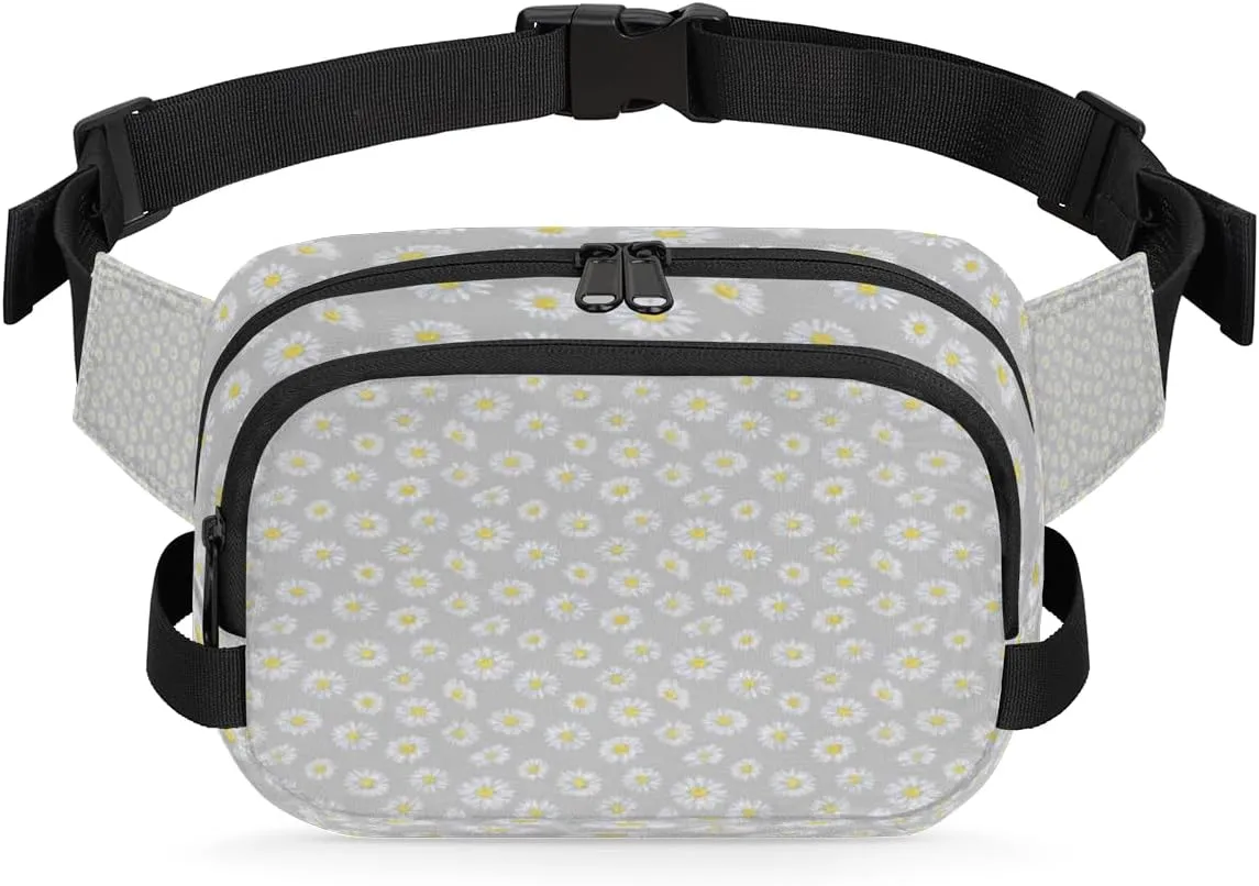 Daisy Grey White Fanny Packs for Women Men Fashion Waist Packs Belt Bag Water-resistant Crossbody Bag Waist Pouch Waist Pack Hip Bum Bag for Hiking Casual Travel Cycling