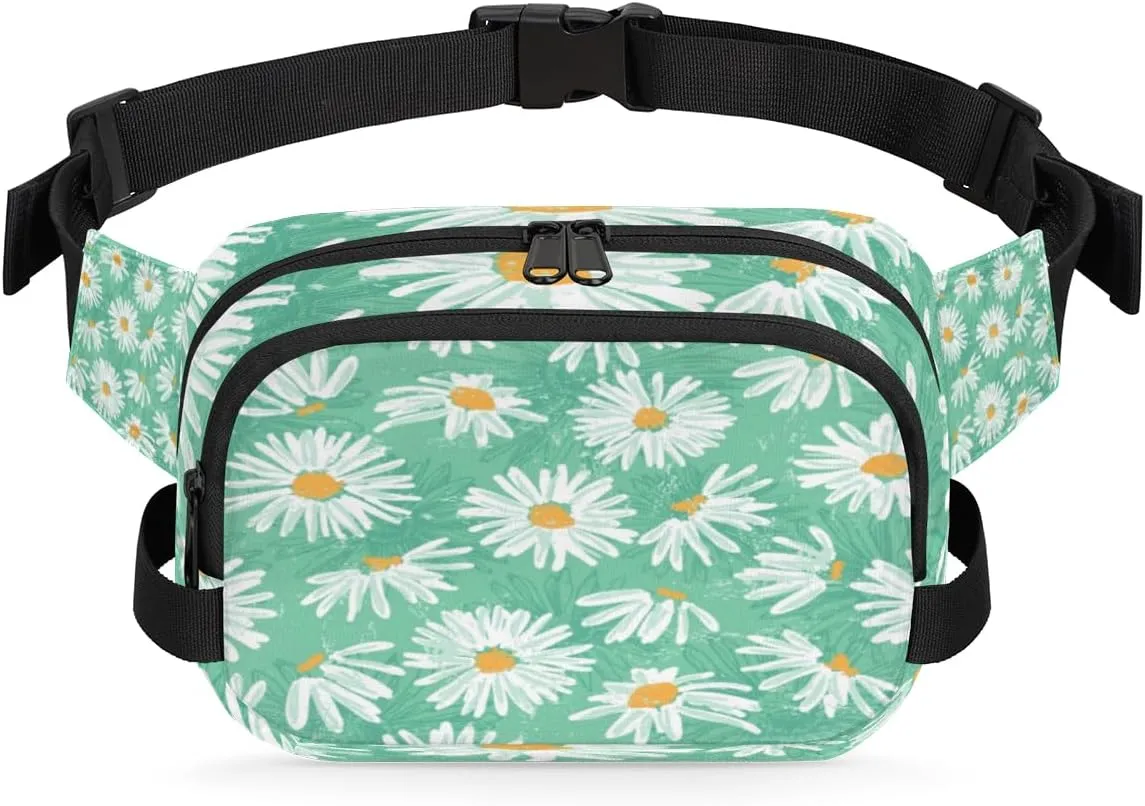 Daisy White Turquoise Fanny Packs for Women Men Fashion Waist Packs Belt Bag Water-resistant Crossbody Bag Waist Pouch Waist Pack Hip Bum Bag for Hiking Casual Travel Cycling
