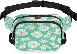 Daisy White Turquoise Fanny Packs for Women Men Fashion Waist Packs Belt Bag Water-resistant Crossbody Bag Waist Pouch Waist Pack Hip Bum Bag for Hiking Casual Travel Cycling