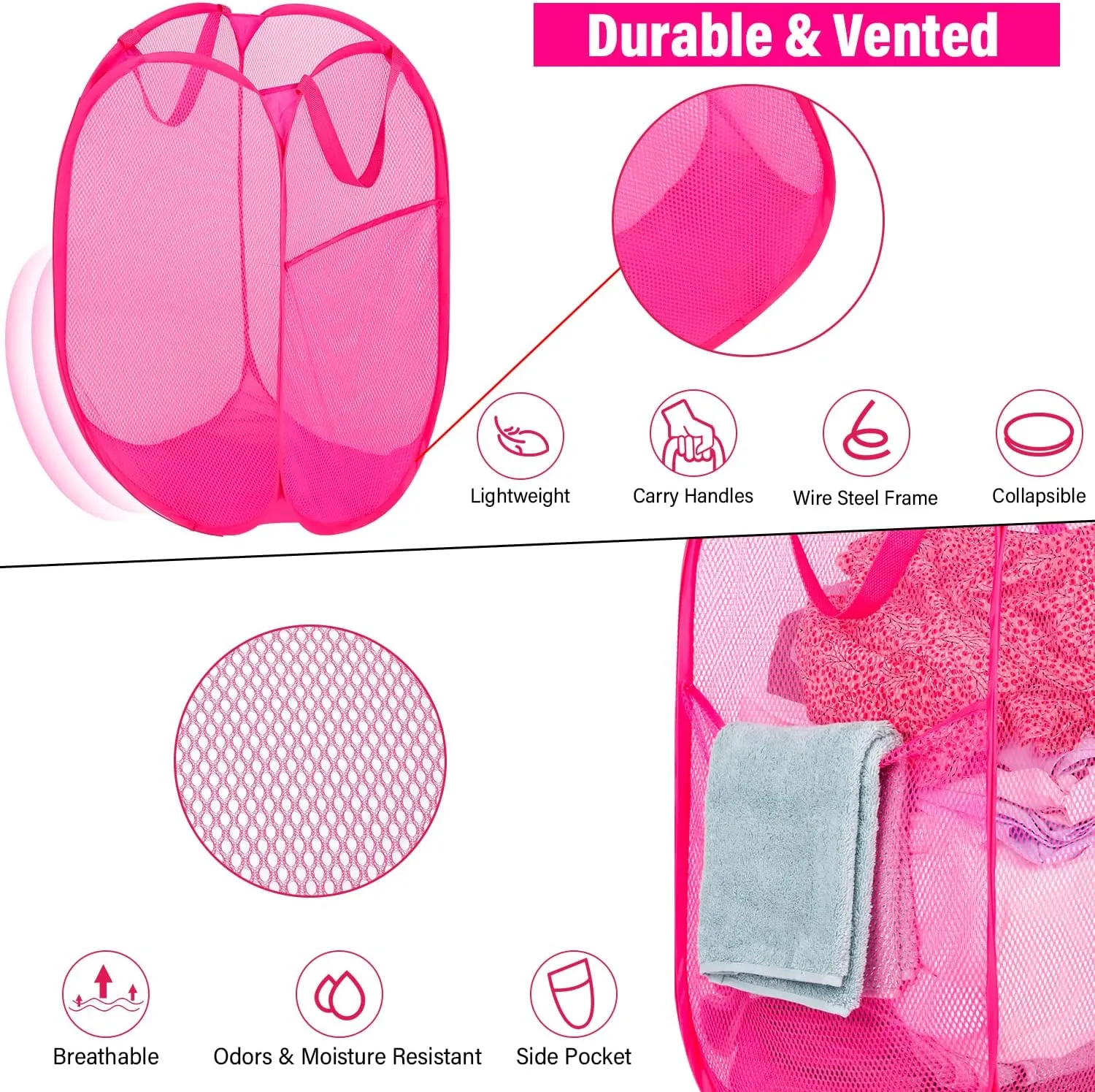Deluxe Strong Mesh Pop up Laundry Hamper Basket with Side Pocket for Laundry Room, Bathroom, Kids Room, College Dorm or Travel Blush