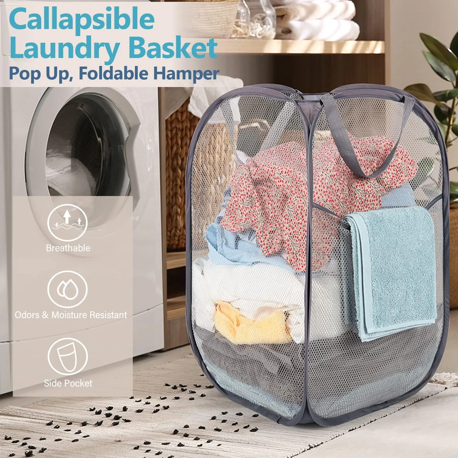 Deluxe Strong Mesh Pop up Laundry Hamper Basket with Side Pocket for Laundry Room, Bathroom, Kids Room, College Dorm or Travel Grey