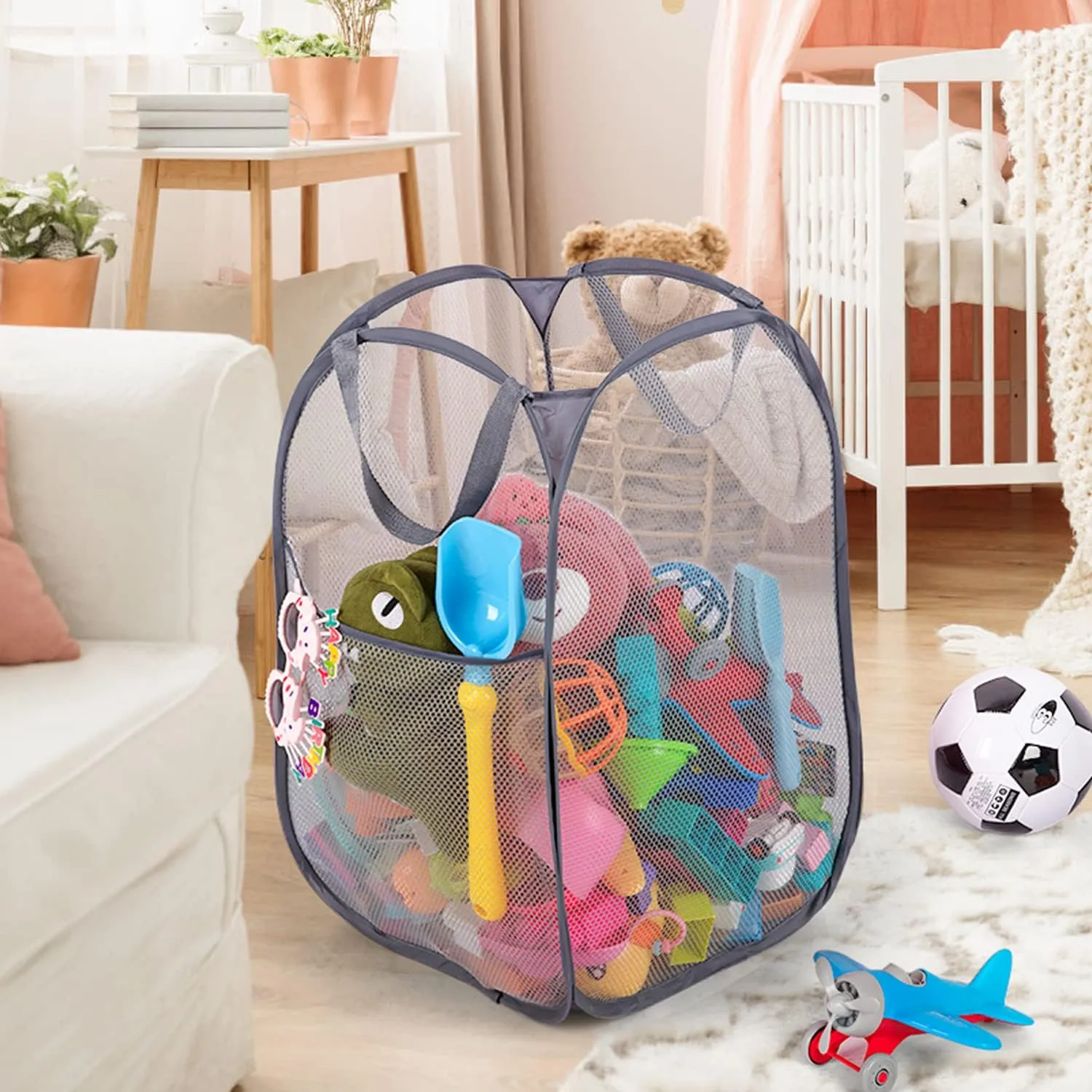 Deluxe Strong Mesh Pop up Laundry Hamper Basket with Side Pocket for Laundry Room, Bathroom, Kids Room, College Dorm or Travel Grey