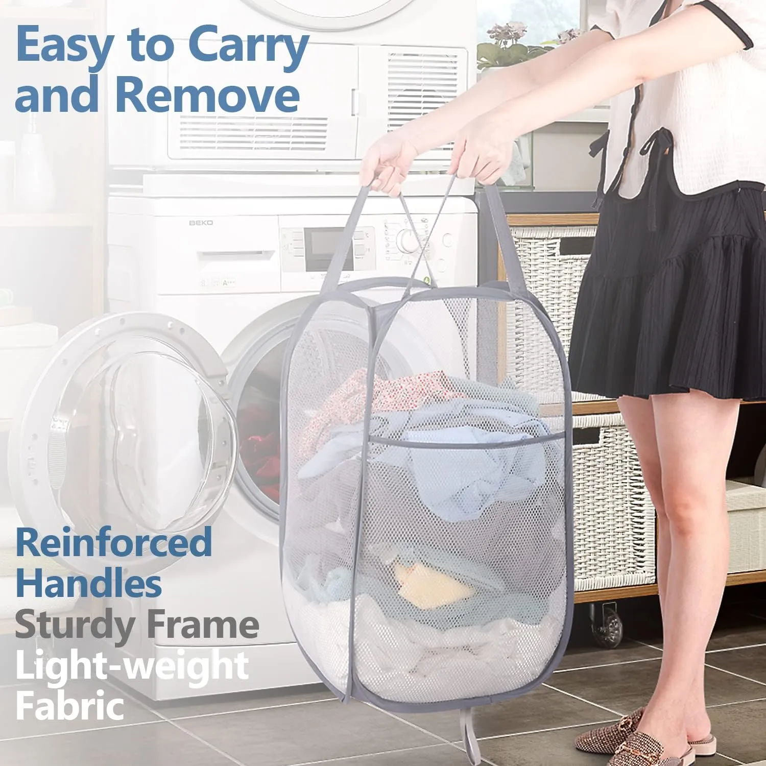 Deluxe Strong Mesh Pop up Laundry Hamper Basket with Side Pocket for Laundry Room, Bathroom, Kids Room, College Dorm or Travel Grey