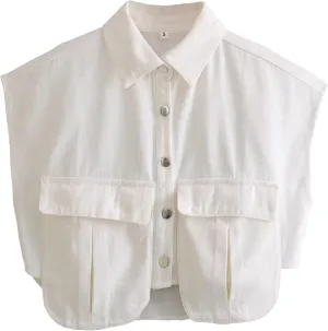 Denim Vest Women Button Down Polo Neck Cropped Loose Sleeveless Shirt Top Jean Jacket Coat with Pockets