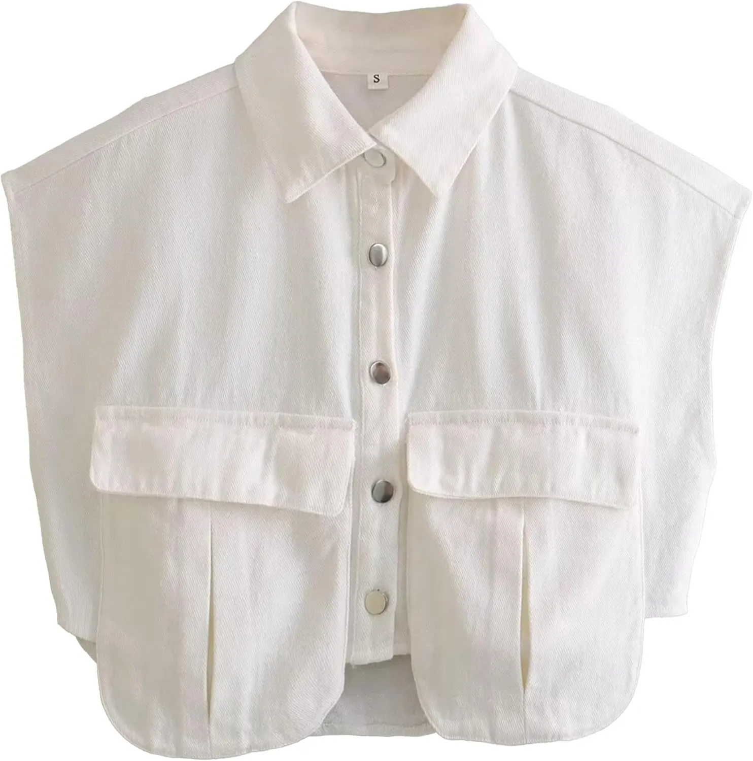Denim Vest Women Button Down Polo Neck Cropped Loose Sleeveless Shirt Top Jean Jacket Coat with Pockets