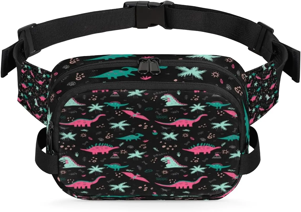 Dinosaurs Pink Sage Green Fanny Packs for Women Men Fashion Waist Packs Belt Bag Water-resistant Crossbody Bag Waist Pouch Waist Pack Hip Bum Bag for Hiking Casual Travel Cycling