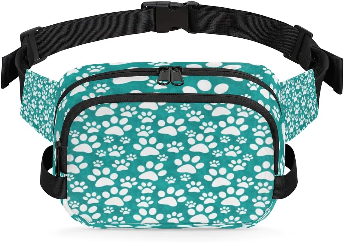 Dog Paw Fanny Pack Crossbody Bags for Women Men Waist Packs Turquoise White Hip Bum Bag Cross Body Fanny Pack with Adjustable Strap for Running Hiking Travel