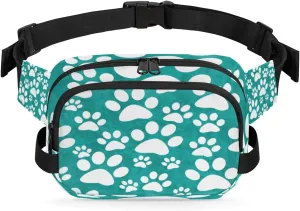 Dog Paw Fanny Packs for Women Men Fashion Waist Packs Belt Bag Water-resistant Crossbody Bag Turquoise White Waist Pouch Waist Pack Hip Bum Bag for Hiking Casual Travel Cycling