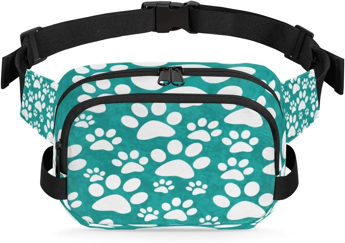 Dog Paw Fanny Packs for Women Men Fashion Waist Packs Belt Bag Water-resistant Crossbody Bag Turquoise White Waist Pouch Waist Pack Hip Bum Bag for Hiking Casual Travel Cycling