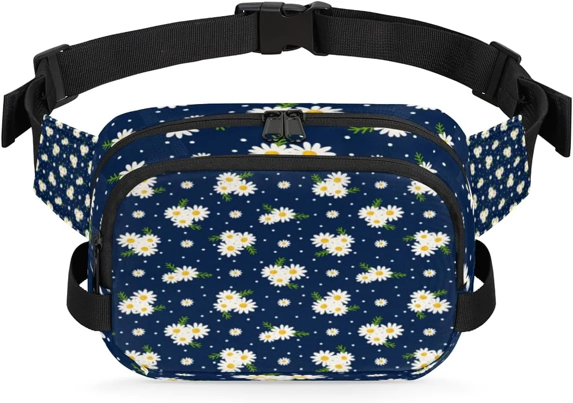 Dotted Daisy Fanny Packs for Women Men Fashion Waist Packs Belt Bag Water-resistant Crossbody Bag Navy Blue Waist Pouch Waist Pack Hip Bum Bag for Hiking Casual Travel Cycling