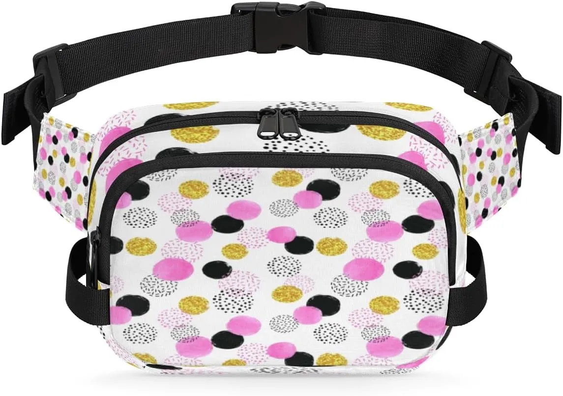 Dotted Pattern Fanny Packs for Women Men Fashion Waist Packs Belt Bag Water-resistant Crossbody Bag Pink Gold Waist Pouch Waist Pack Hip Bum Bag for Hiking Casual Travel Cycling