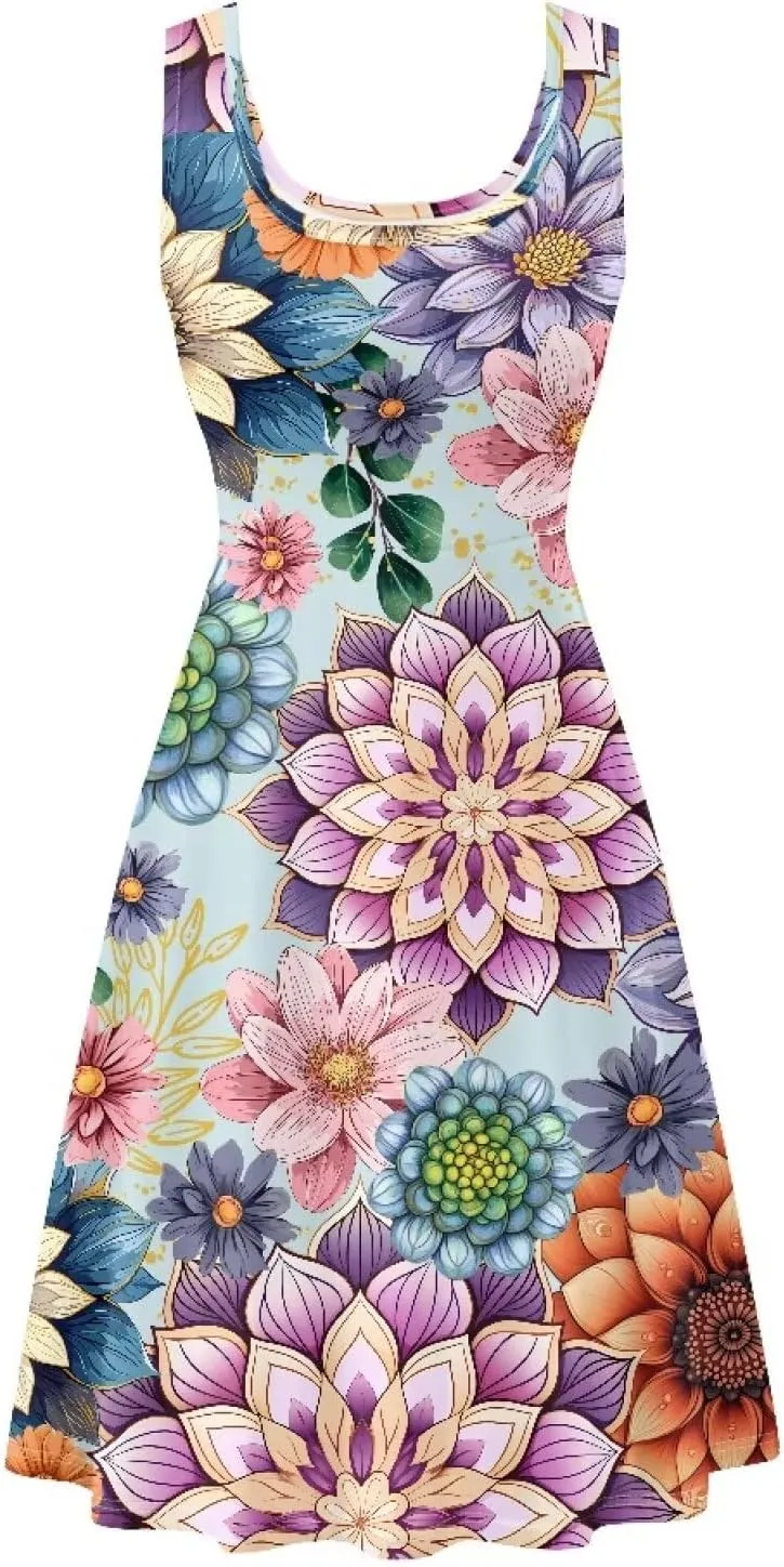 Dreaweet Casual Sleeveless Dresses for Women Girls, Round Neck Tank Dresses with Pockets Summer Sundress Size XS-4XL