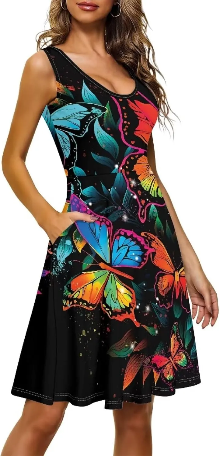 Dreaweet Casual Sleeveless Dresses for Women Girls, Round Neck Tank Dresses with Pockets Summer Sundress Size XS-4XL