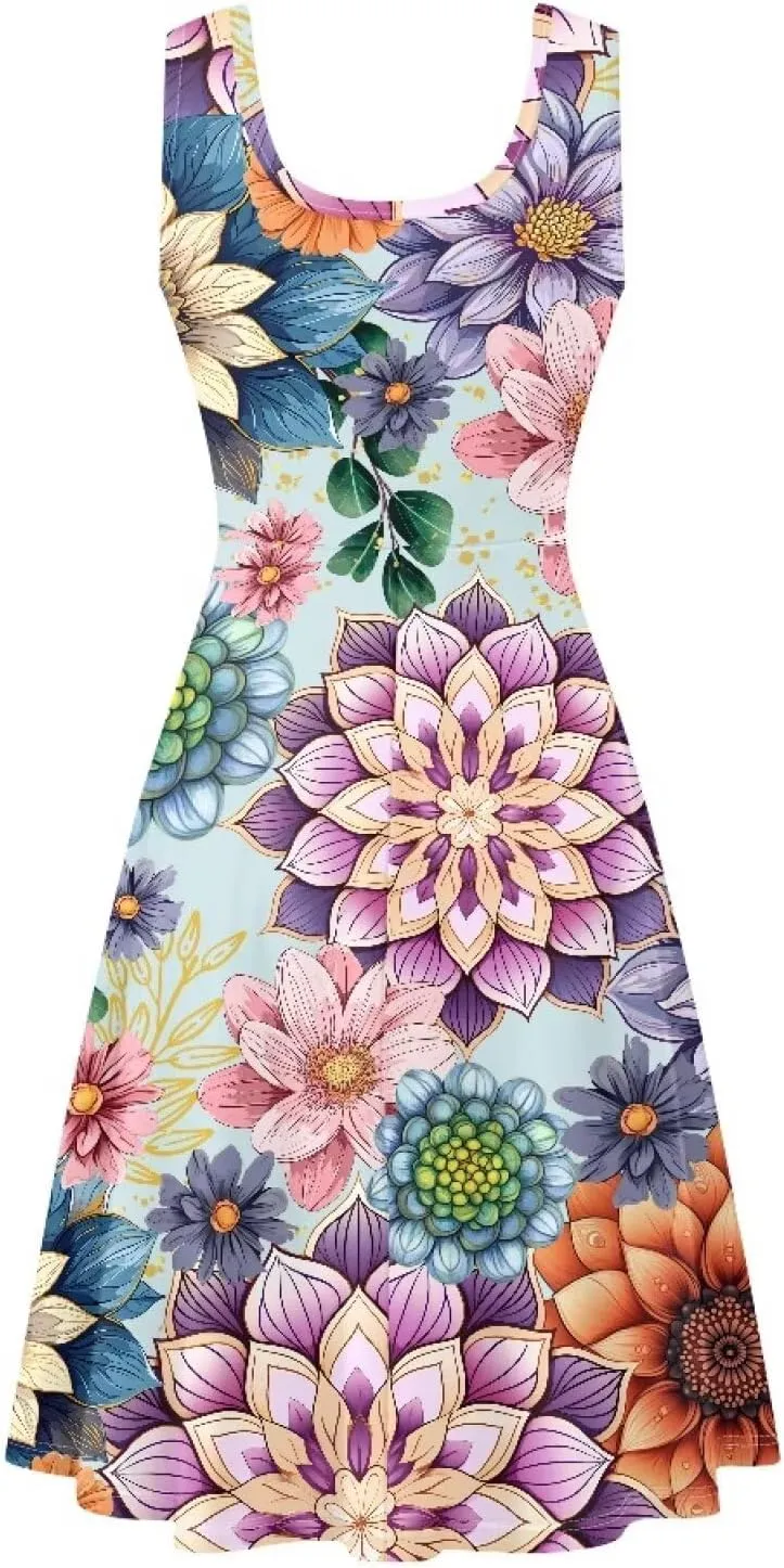 Dreaweet Casual Sleeveless Dresses for Women Girls, Round Neck Tank Dresses with Pockets Summer Sundress Size XS-4XL