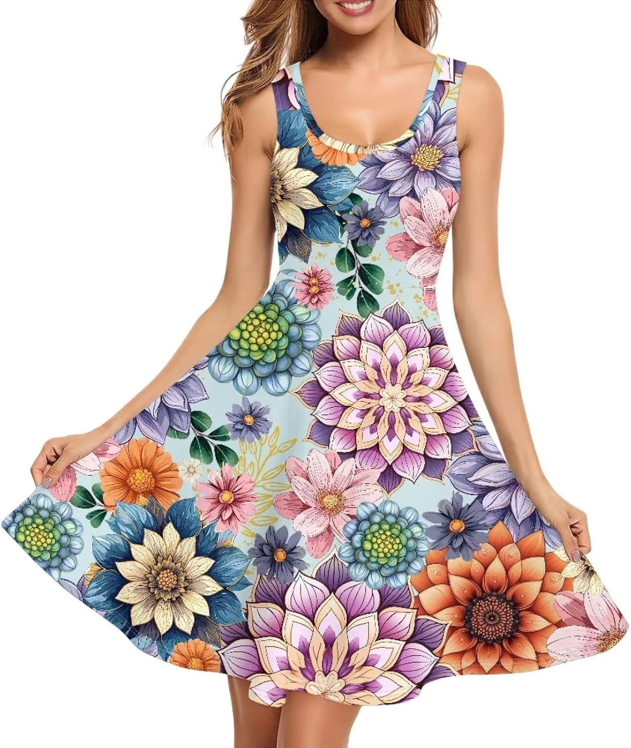 Dreaweet Casual Sleeveless Dresses for Women Girls, Round Neck Tank Dresses with Pockets Summer Sundress Size XS-4XL