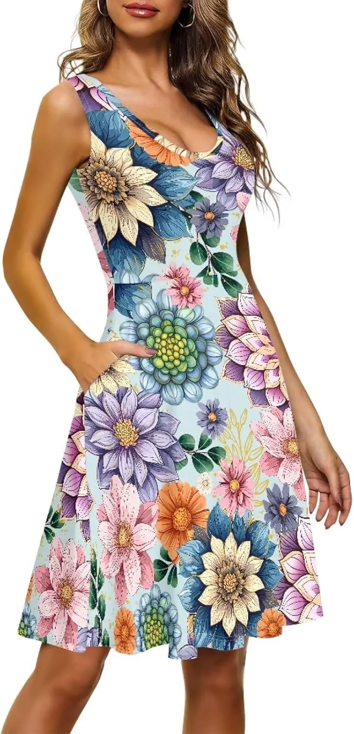 Dreaweet Casual Sleeveless Dresses for Women Girls, Round Neck Tank Dresses with Pockets Summer Sundress Size XS-4XL