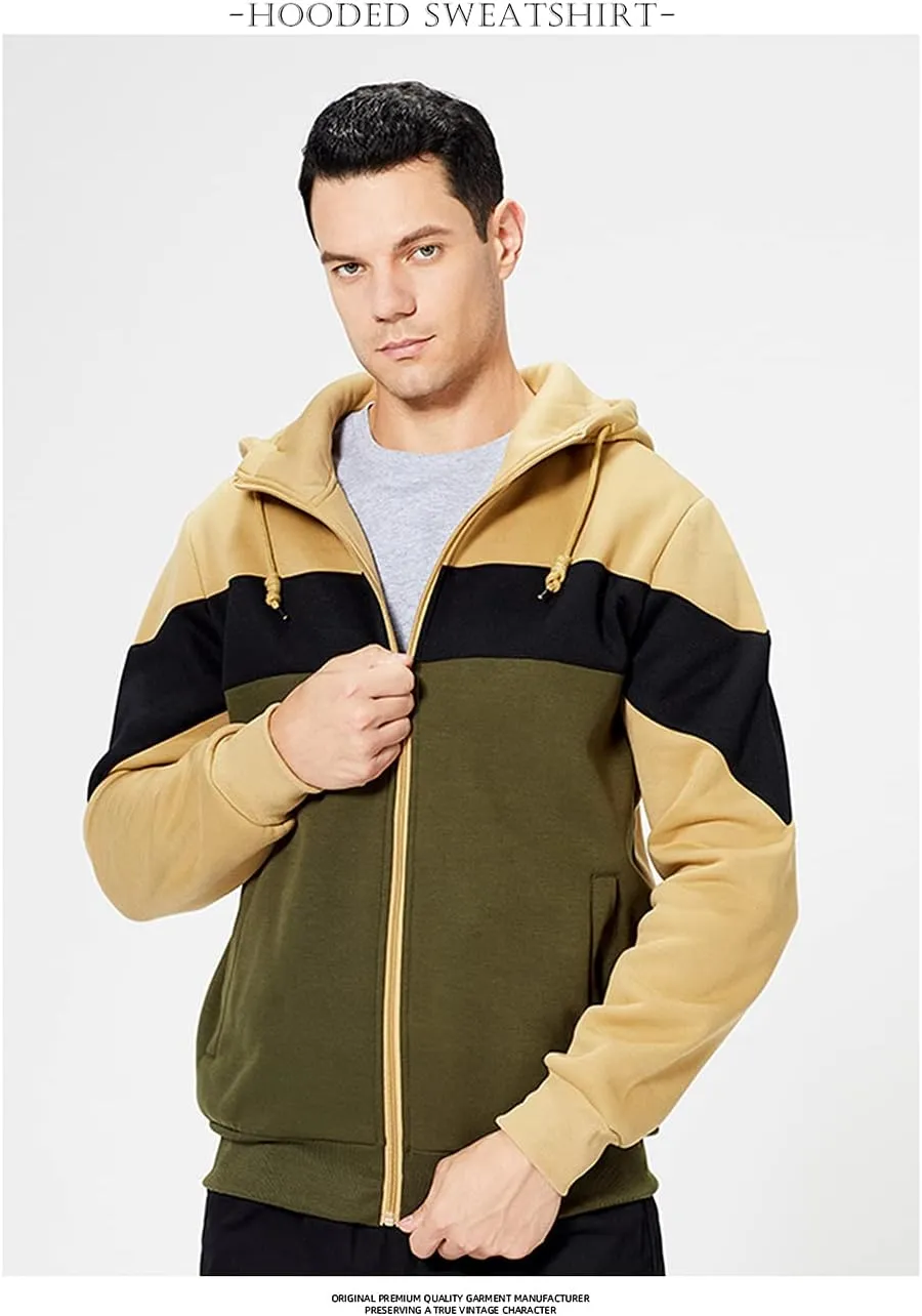 DUOFIER Men's Hoodies Zip Front Sweatshirt Color Blocking Hooded