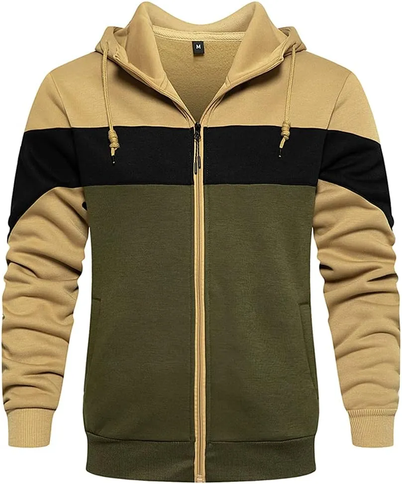 DUOFIER Men's Hoodies Zip Front Sweatshirt Color Blocking Hooded