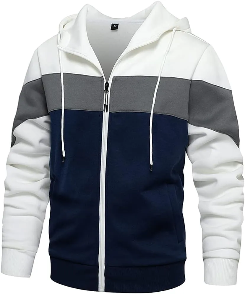 DUOFIER Men's Hoodies Zip Front Sweatshirt Color Blocking Hooded