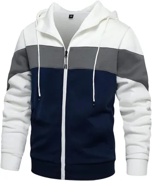 DUOFIER Men's Hoodies Zip Front Sweatshirt Color Blocking Hooded