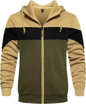 DUOFIER Men's Hoodies Zip Front Sweatshirt Color Blocking Hooded