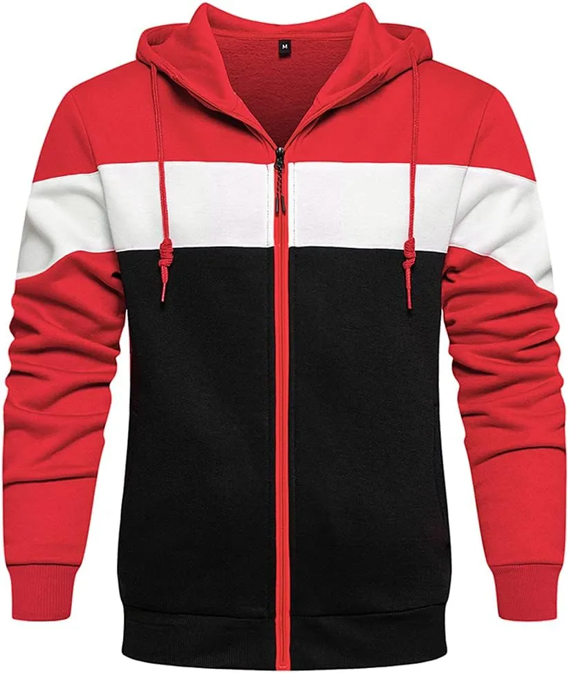 DUOFIER Men's Hoodies Zip Front Sweatshirt Color Blocking Hooded