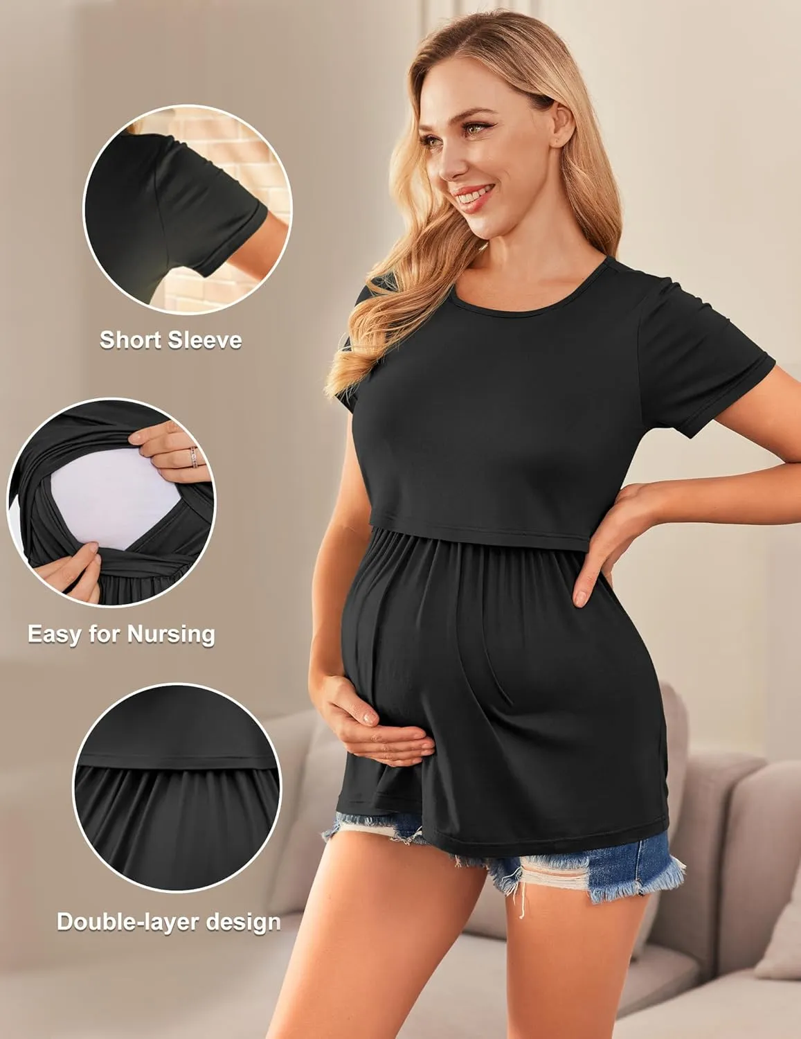 Ekouaer Womens Nursing Tops 3 Packs Short Sleeve Breastfeeding Shirts Double Layer Postpartum Shirt S-XXL