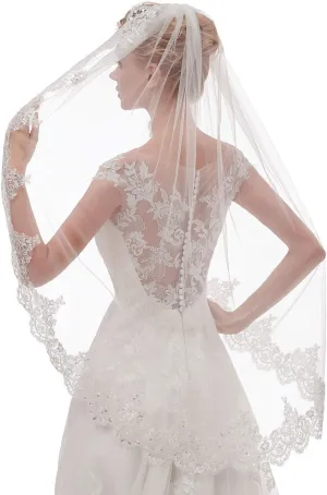 EllieHouse Womens Short Fingertip Length 1 Tier Lace Wedding Bridal Veil with Metal Comb L68