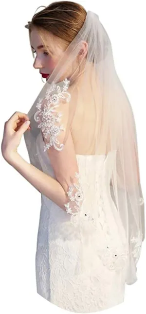 EllieHouse Womens Short Fingertip Length 1 Tier Lace Wedding Bridal Veil with Metal Comb L68