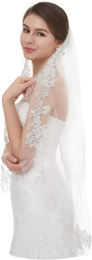 EllieHouse Womens Short Fingertip Length 1 Tier Lace Wedding Bridal Veil with Metal Comb L68