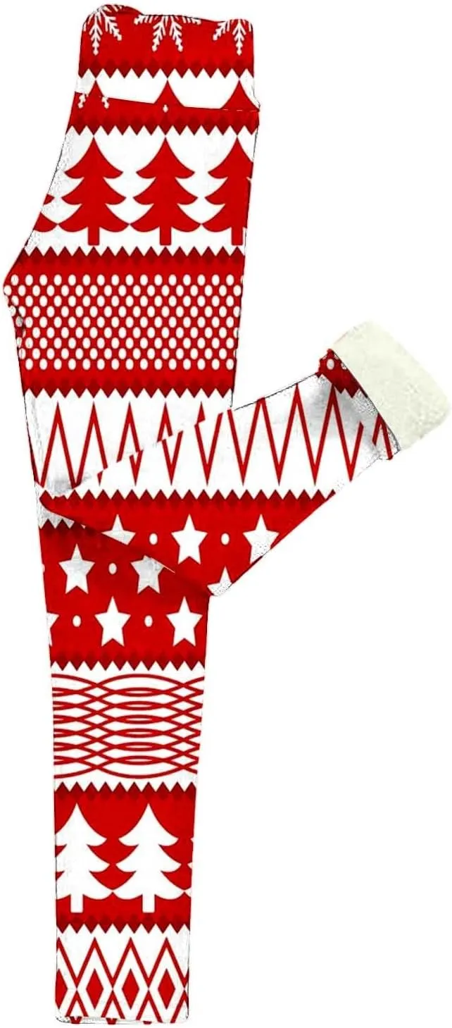 Fashion Xmas Graphic Print Leggings Fleece Lined Leggings for Women Thermal Pants High Waist Stretchy Warm
