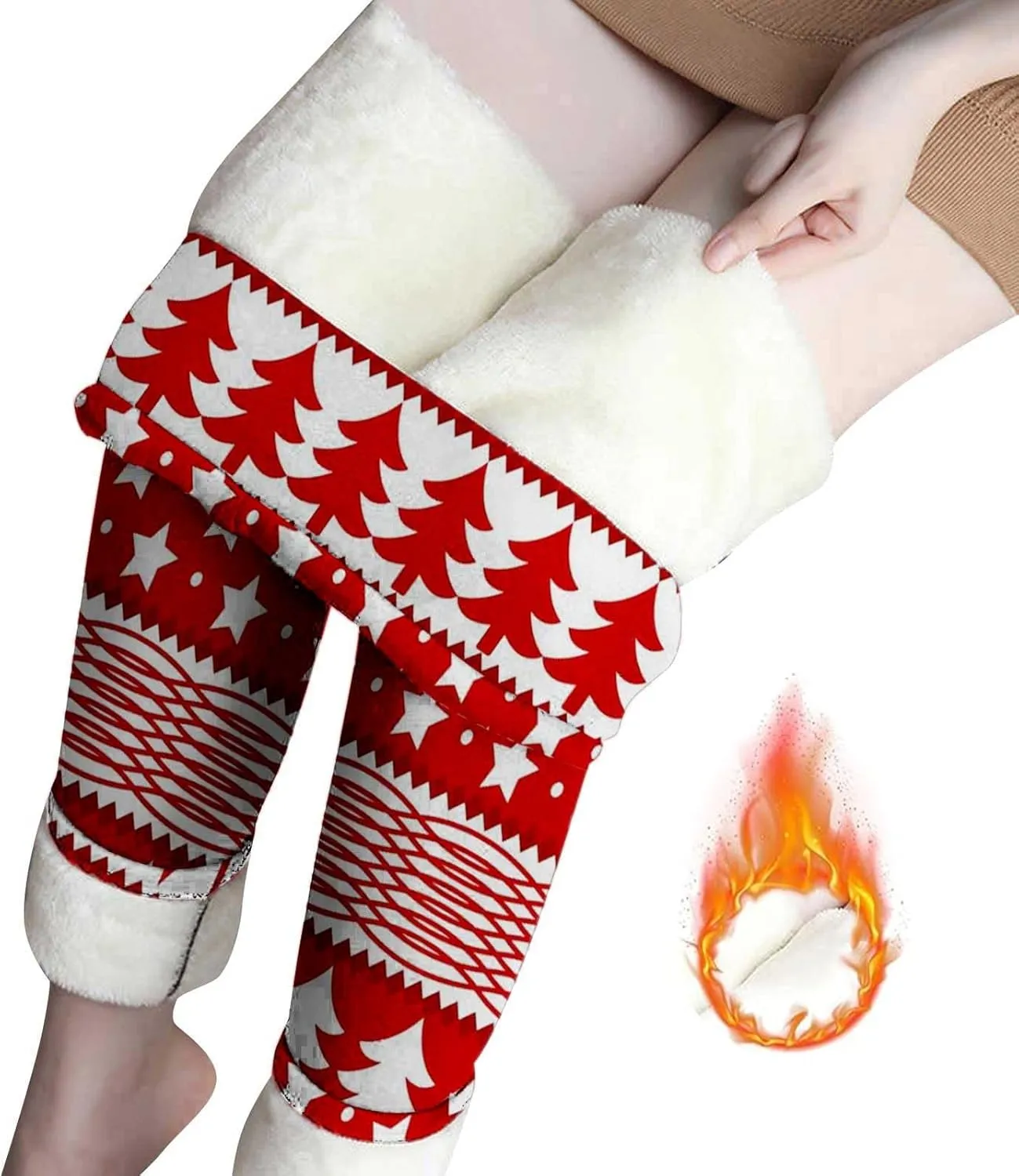 Fashion Xmas Graphic Print Leggings Fleece Lined Leggings for Women Thermal Pants High Waist Stretchy Warm