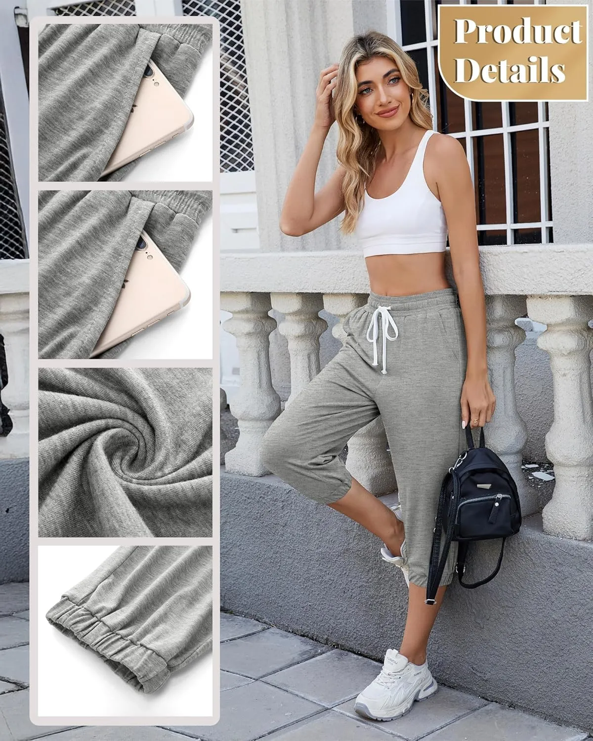 Ficerd 3 Pcs Women's Capri Sweatpants Joggers Summer Casual Sports Cropped Lounge Pants High Waisted Athletic with Pockets