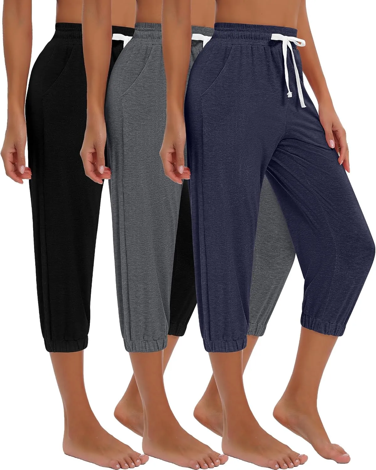 Ficerd 3 Pcs Women's Capri Sweatpants Joggers Summer Casual Sports Cropped Lounge Pants High Waisted Athletic with Pockets