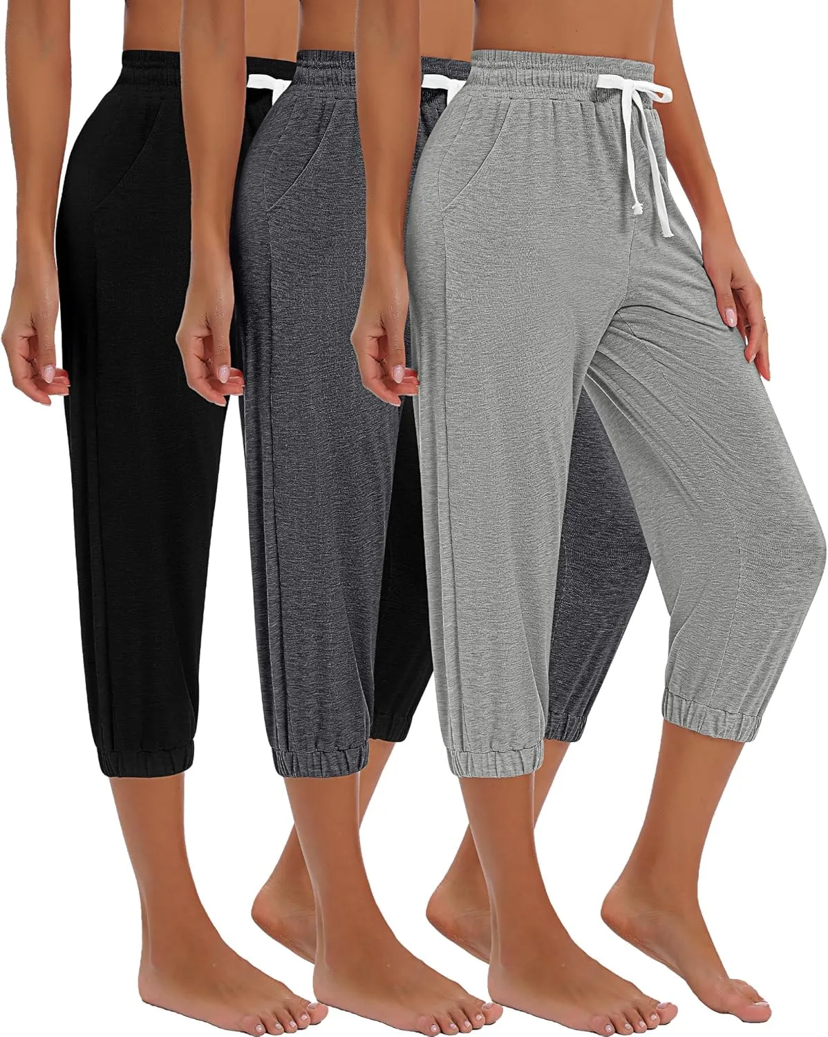 Ficerd 3 Pcs Women's Capri Sweatpants Joggers Summer Casual Sports Cropped Lounge Pants High Waisted Athletic with Pockets