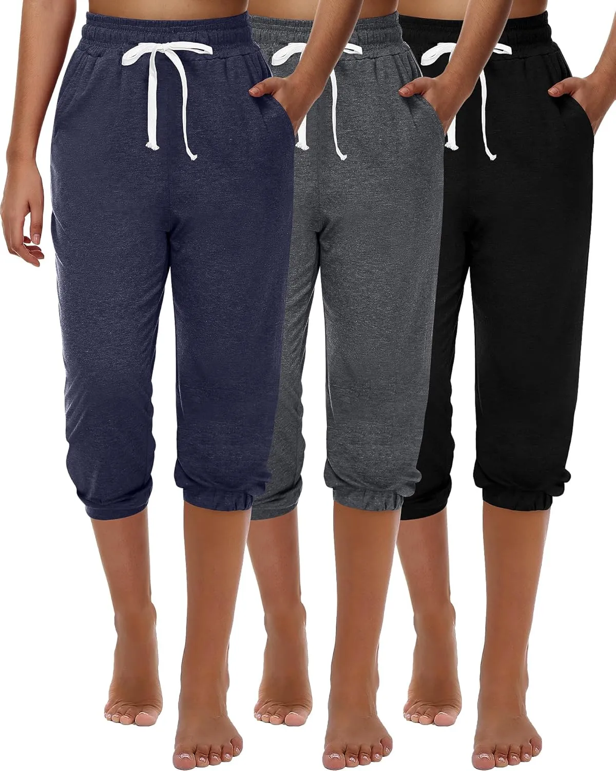 Ficerd 3 Pcs Women's Capri Sweatpants Joggers Summer Casual Sports Cropped Lounge Pants High Waisted Athletic with Pockets