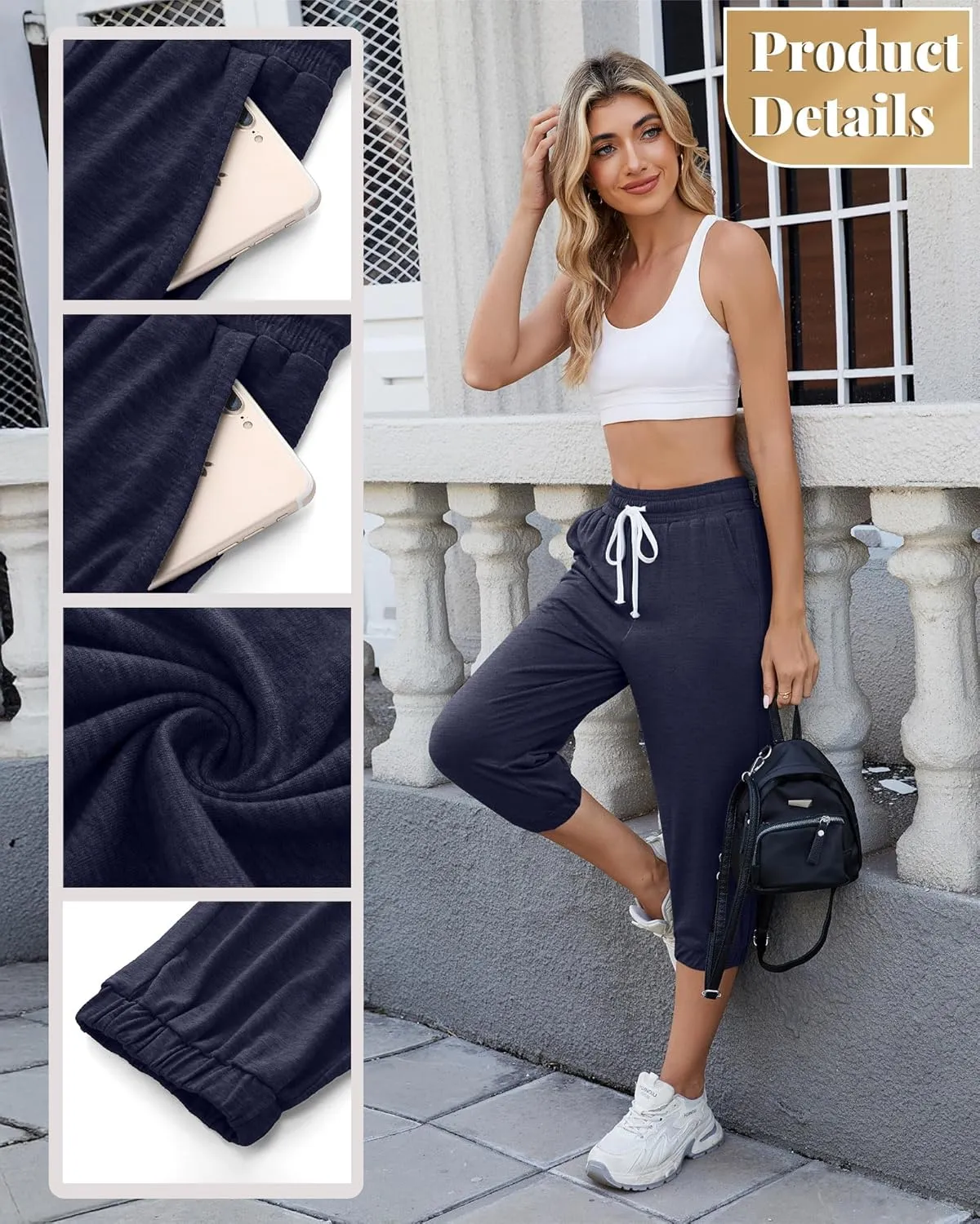 Ficerd 3 Pcs Women's Capri Sweatpants Joggers Summer Casual Sports Cropped Lounge Pants High Waisted Athletic with Pockets