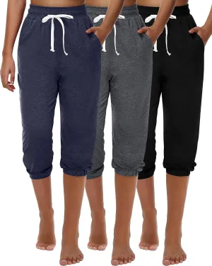 Ficerd 3 Pcs Women's Capri Sweatpants Joggers Summer Casual Sports Cropped Lounge Pants High Waisted Athletic with Pockets