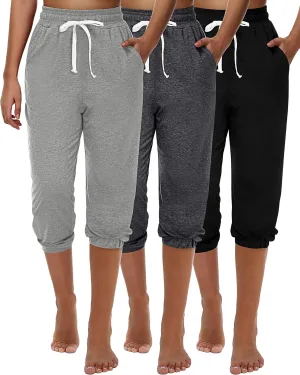 Ficerd 3 Pcs Women's Capri Sweatpants Joggers Summer Casual Sports Cropped Lounge Pants High Waisted Athletic with Pockets