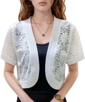 FindThy Womens Cropped Bolero Shrugs Short Sleeve Open Front Floral Lace Hollow Out Cardigan Jacket