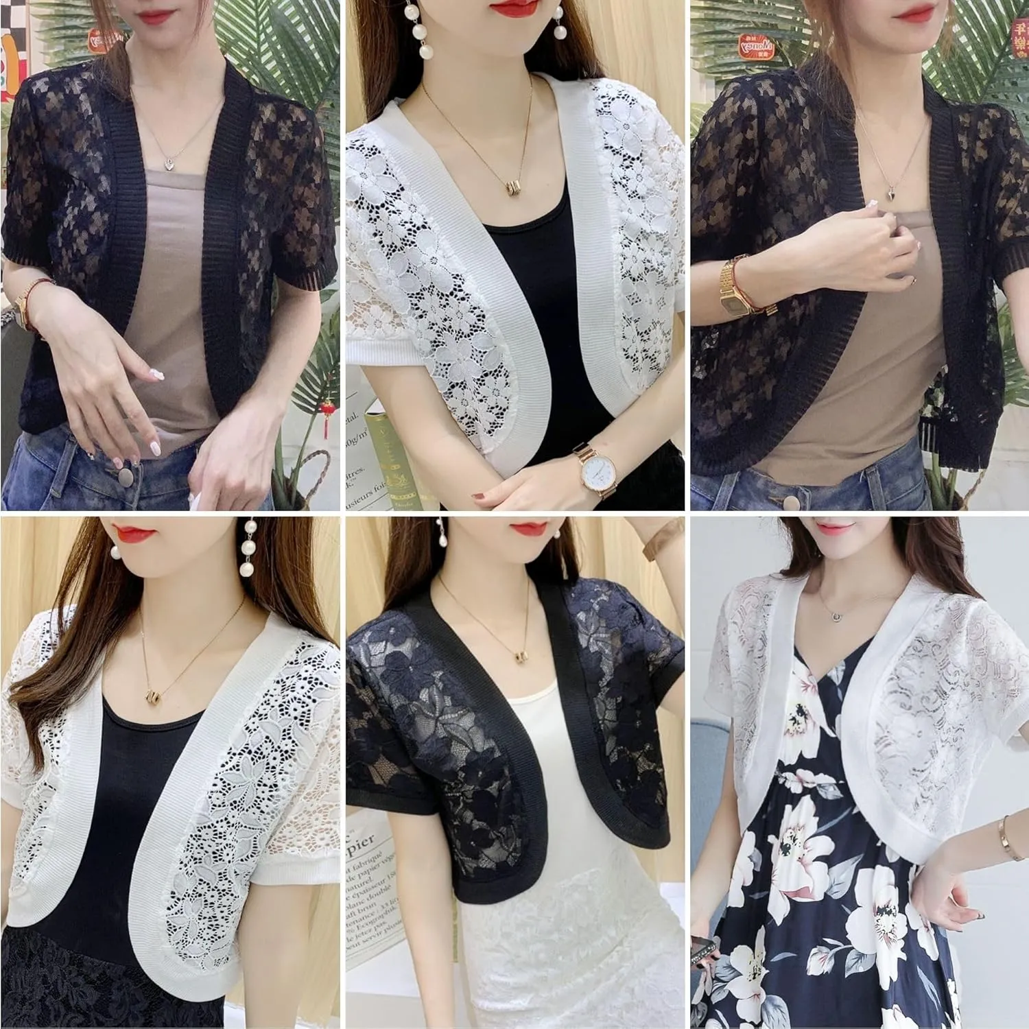 FindThy Womens Cropped Bolero Shrugs Short Sleeve Open Front Floral Lace Hollow Out Cardigan Jacket