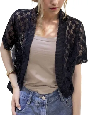 FindThy Womens Cropped Bolero Shrugs Short Sleeve Open Front Floral Lace Hollow Out Cardigan Jacket
