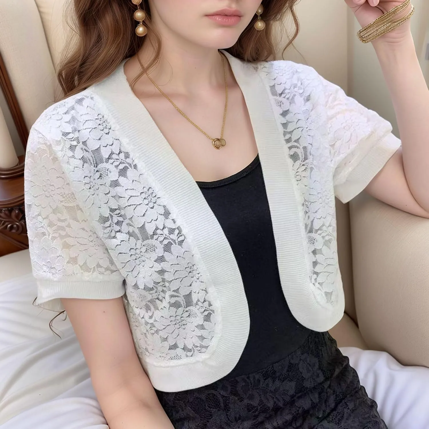 FindThy Womens Cropped Bolero Shrugs Short Sleeve Open Front Floral Lace Hollow Out Cardigan Jacket