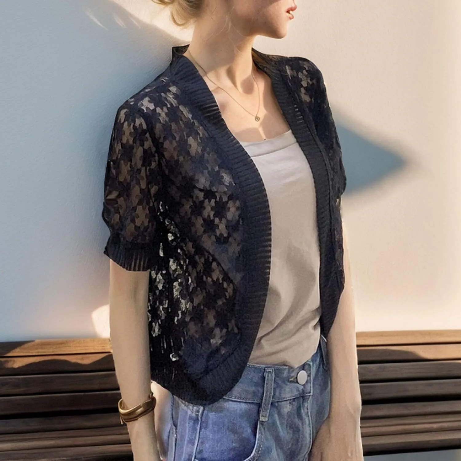 FindThy Womens Cropped Bolero Shrugs Short Sleeve Open Front Floral Lace Hollow Out Cardigan Jacket