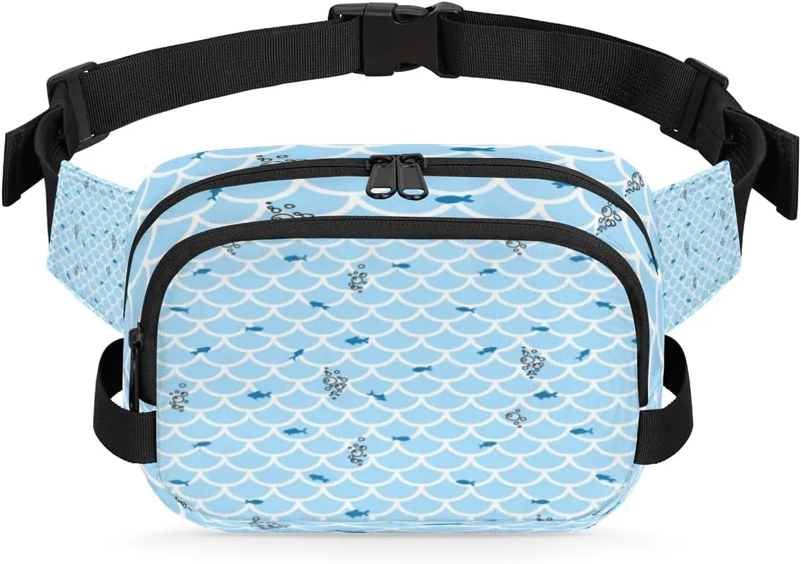 Fish Scale Blue Fanny Packs for Women Men Fashion Waist Packs Belt Bag Water-resistant Crossbody Bag Mermaid Scale Waist Pouch Waist Pack Hip Bum Bag for Hiking Casual Travel Cycling