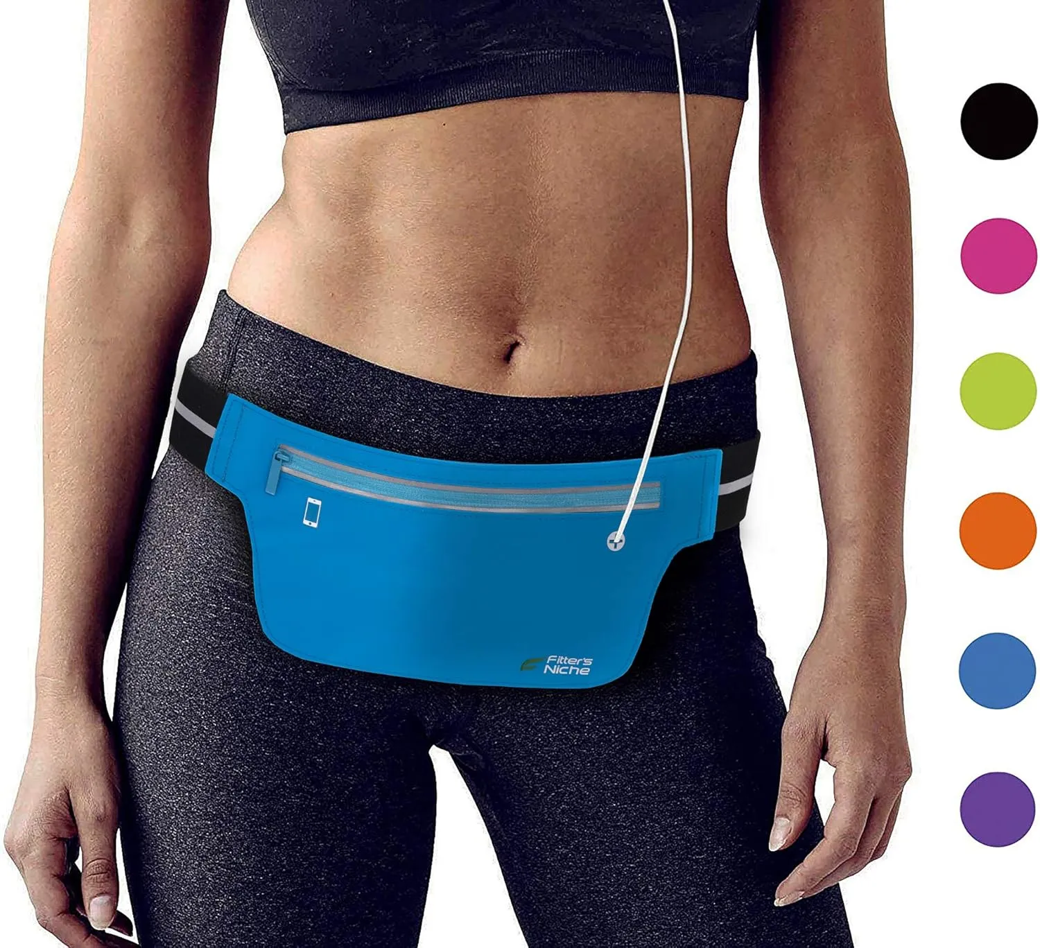 Fitter's Niche UltraSlim Fanny Waist Pack  Water Resistant Bag, Reflective Elastic Belt  Fit 24 to 43inch Waists, Holds Phones up to 6.7inch  Ideal for Indoor & Outdoor Workouts, Exercises & Trips