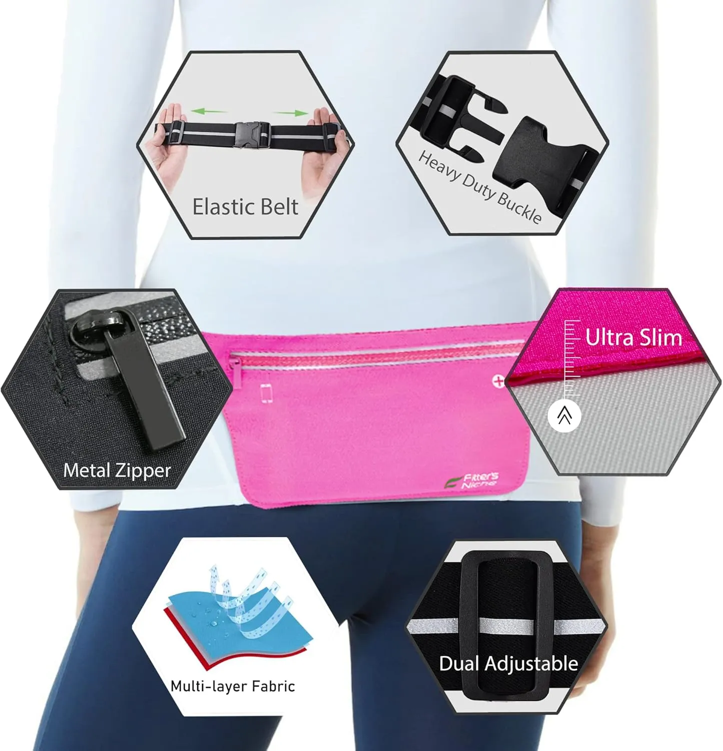 Fitter's Niche UltraSlim Fanny Waist Pack  Water Resistant Bag, Reflective Elastic Belt  Fit 24 to 43inch Waists, Holds Phones up to 6.7inch  Ideal for Indoor & Outdoor Workouts, Exercises & Trips