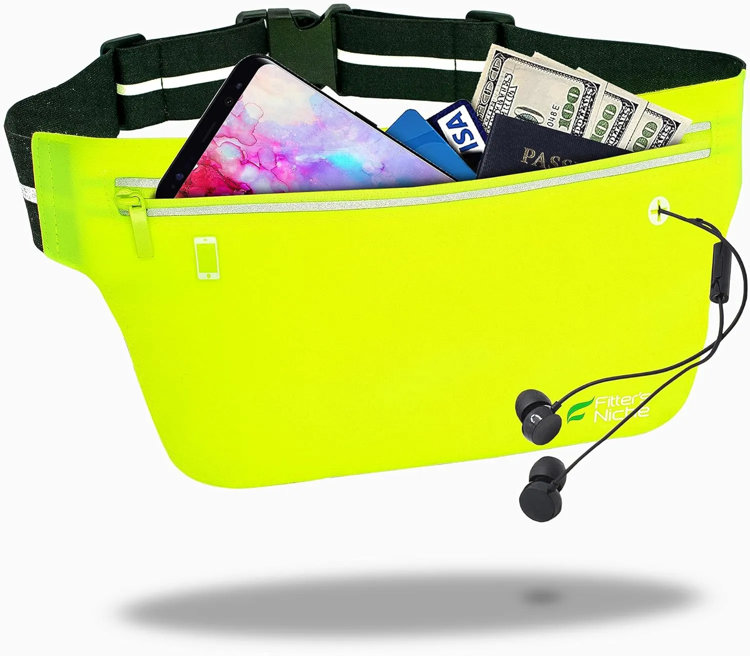Fitter's Niche UltraSlim Fanny Waist Pack  Water Resistant Bag, Reflective Elastic Belt  Fit 24 to 43inch Waists, Holds Phones up to 6.7inch  Ideal for Indoor & Outdoor Workouts, Exercises & Trips